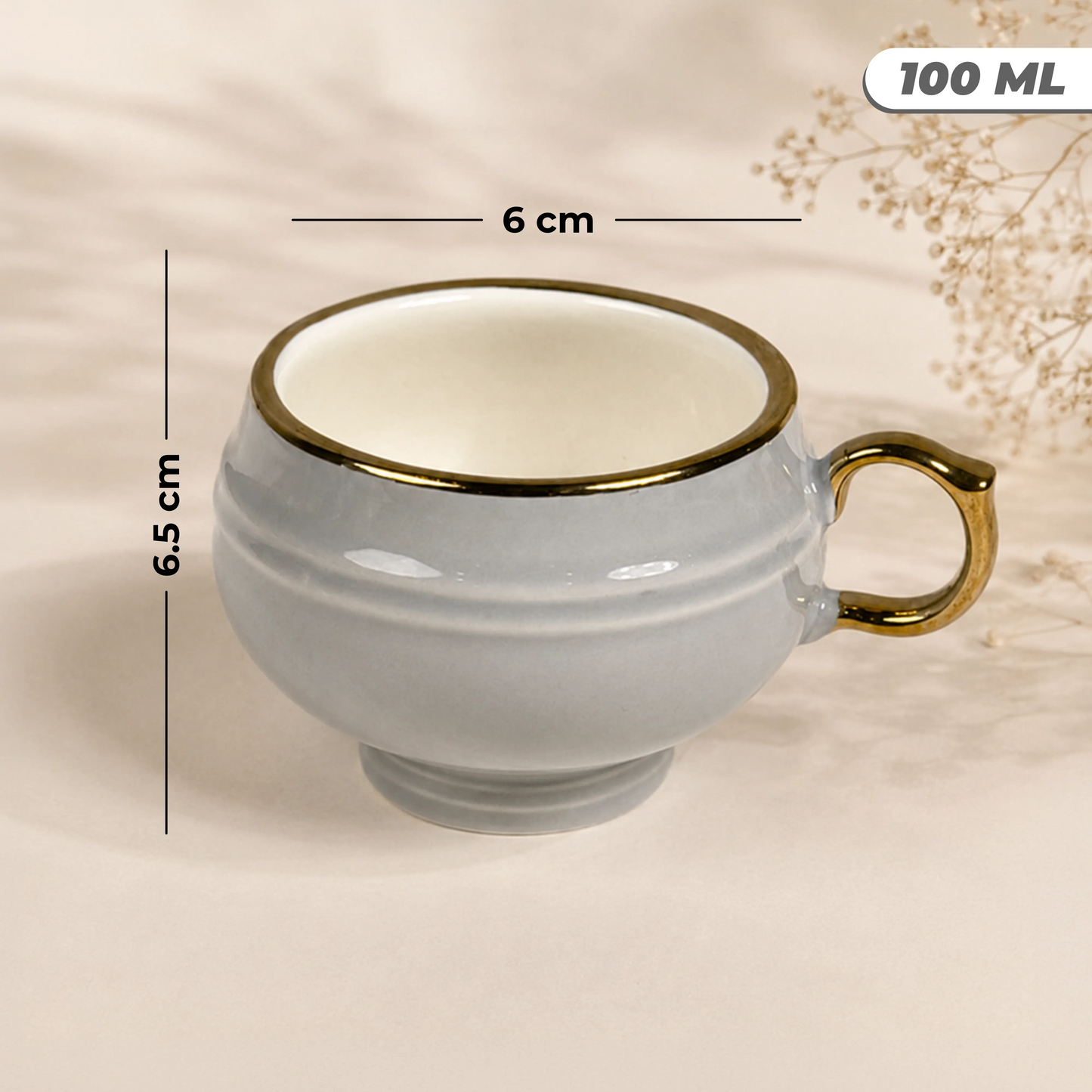 Light Grey with Gold Rim Ceramic Mug & Saucer Set – Set of 6 (100ml each)