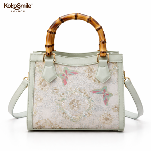 Elegant SilkCraft Leather Top Bamboo Handle Bag with Hangzhou Silk for Women