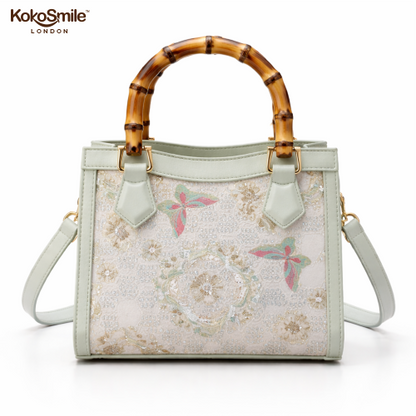 Elegant SilkCraft Leather Top Bamboo Handle Bag with Hangzhou Silk for Women
