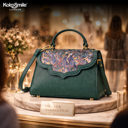 Emerald Silk Flap Leather Handbag with Top Handle & Sling