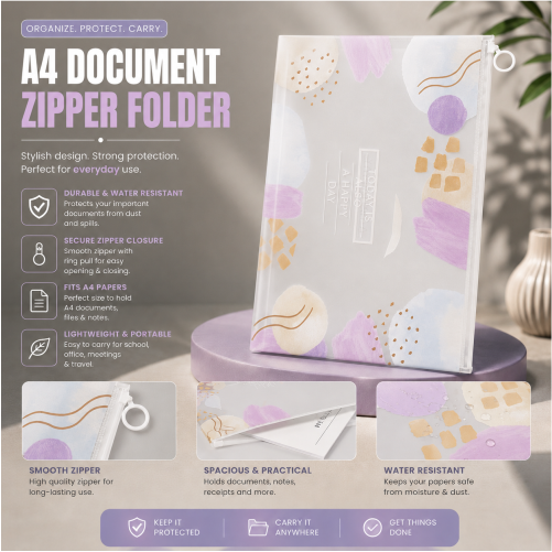 A4 Waterproof Document Zipper File Organizer Folder - Set of 4