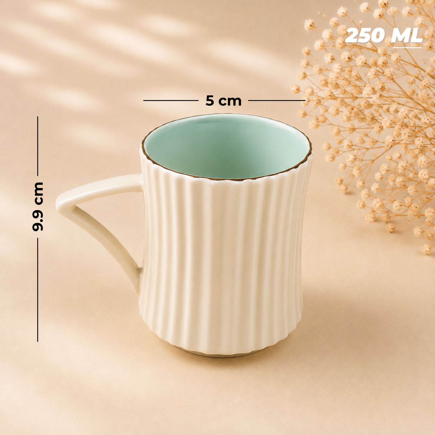 Ivory Blue Ribbed Ceramic Tea/Coffee Mug & Saucer -  Set of 6 (250ml each)