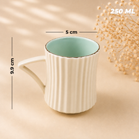 Ivory Blue Ribbed Ceramic Tea/Coffee Mug & Saucer -  Set of 6 (250ml each)