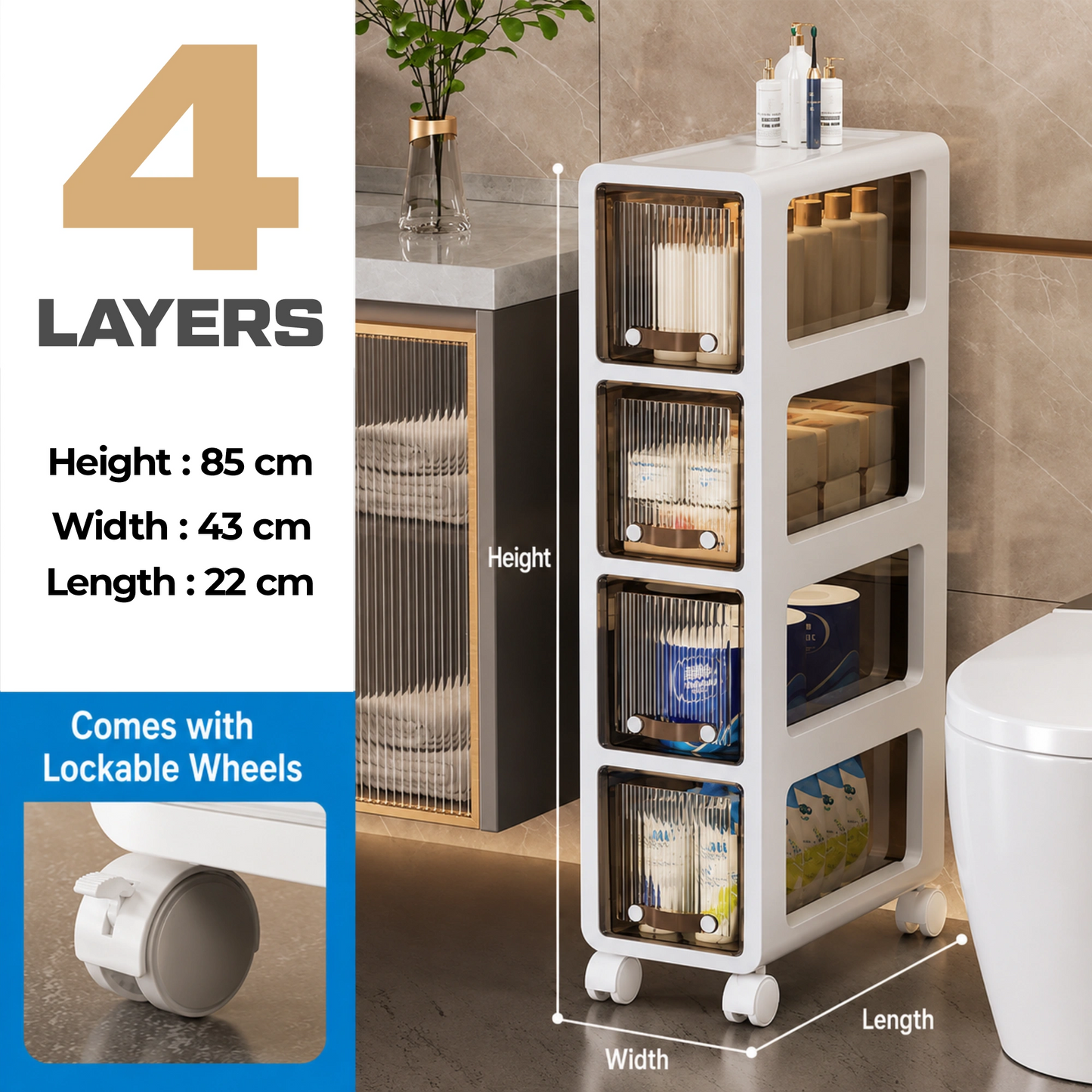 HOMX Narrow Rolling Storage Tower – Slim Drawer Cart with Lockable Wheels