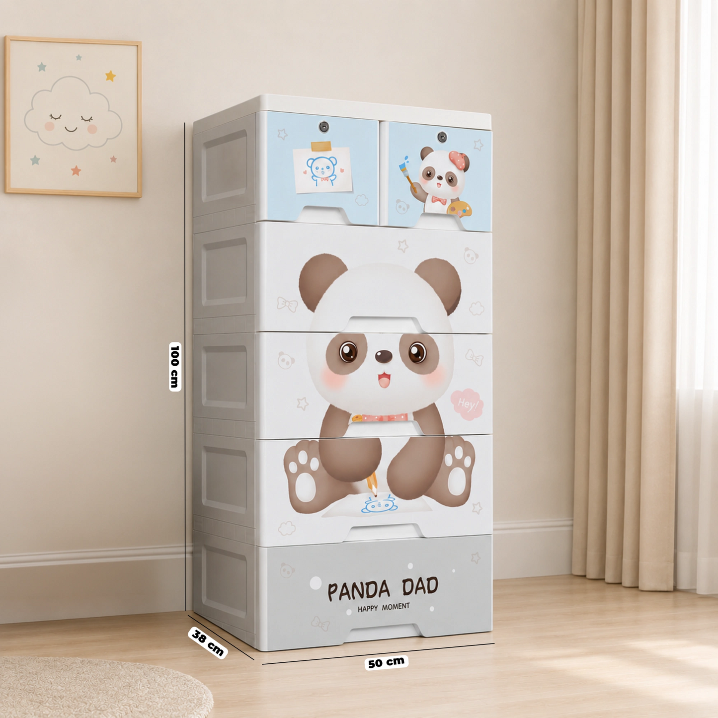 Kids Panda Storage Cabinet with Lockable Drawers & Wheels for Organization