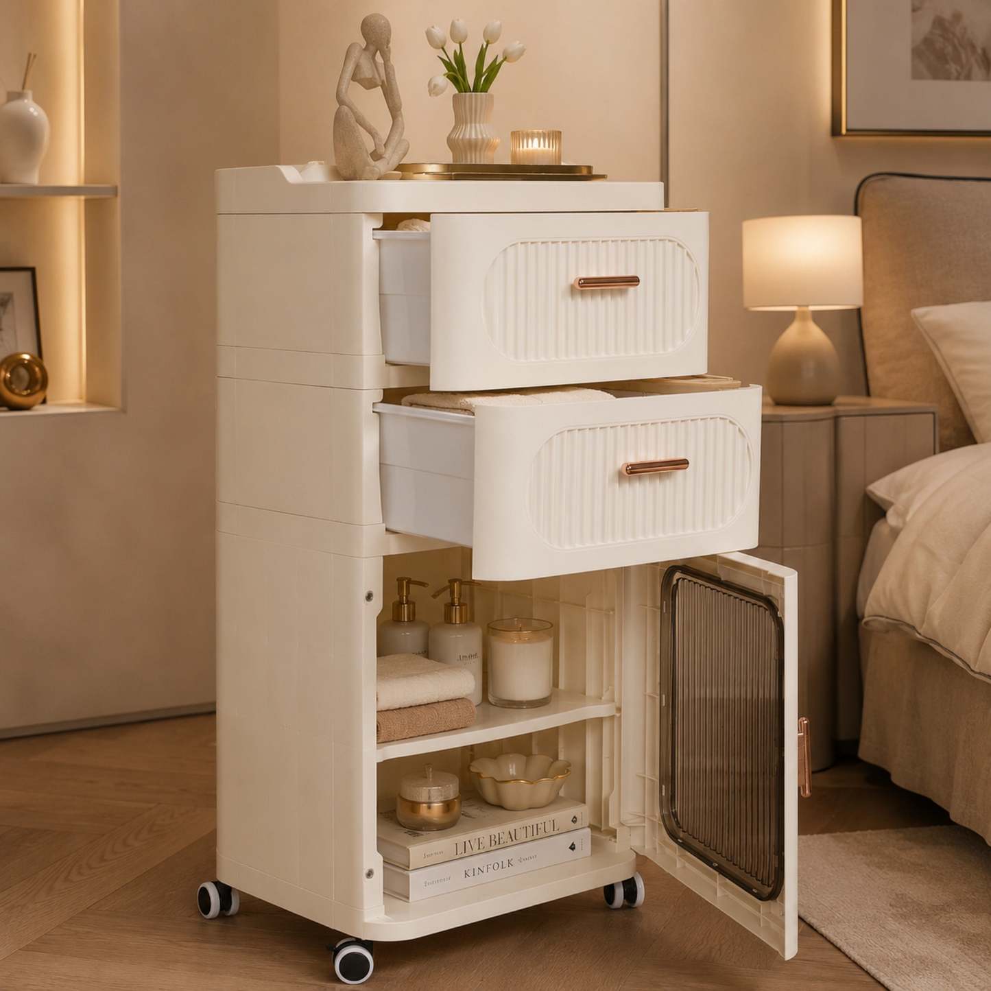 Elegant Fluted Storage Cabinet with Drawer, Door & Rolling Wheels