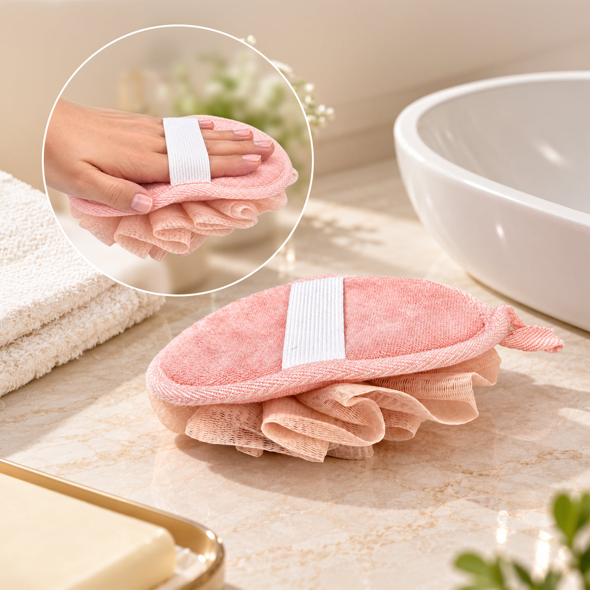Peach Mesh Bath Loofah – Soft & Stylish Shower Pouf
