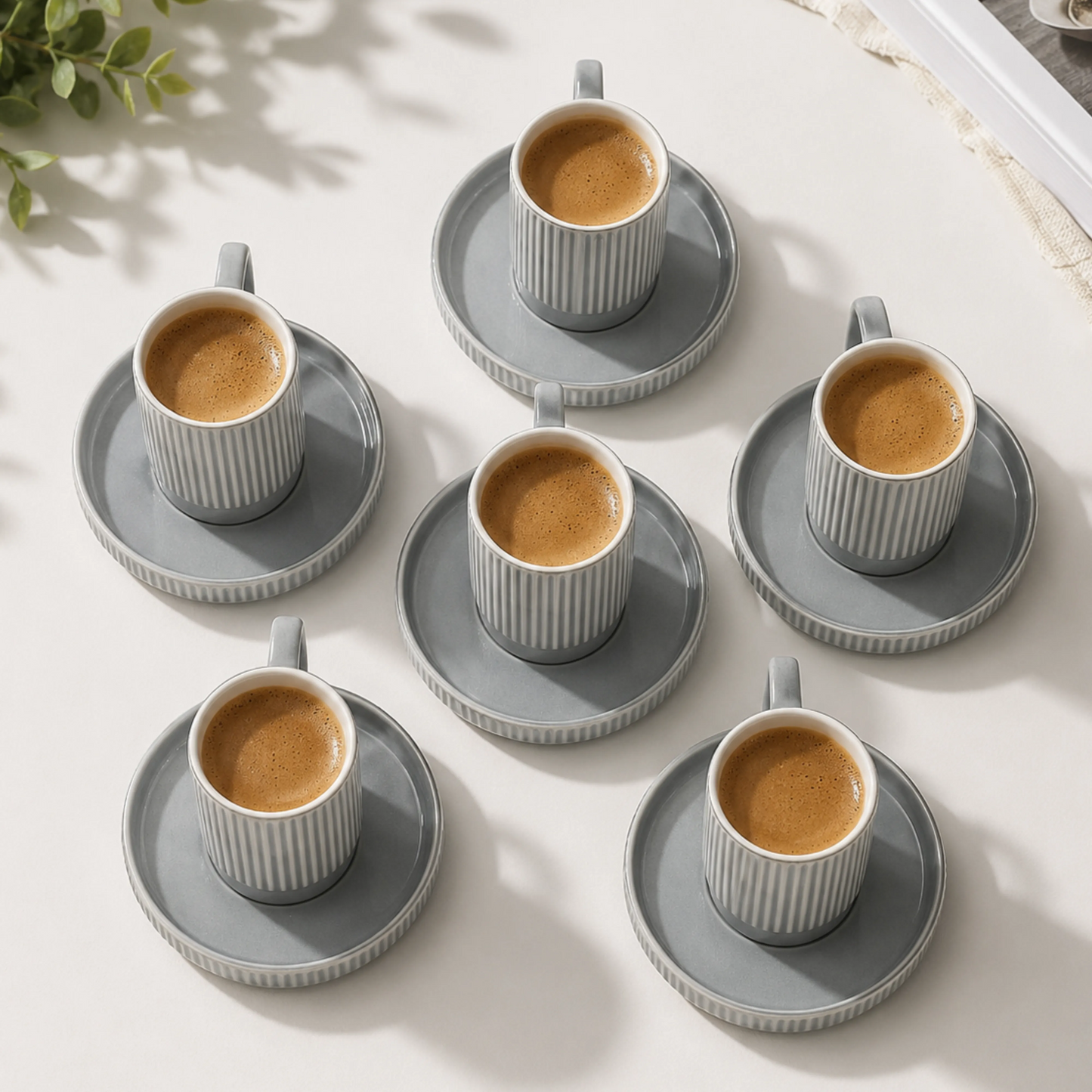 Premium Grey-Gold Rim Ribbed Ceramic Mug & Saucer - Set of 6 (100ml each)