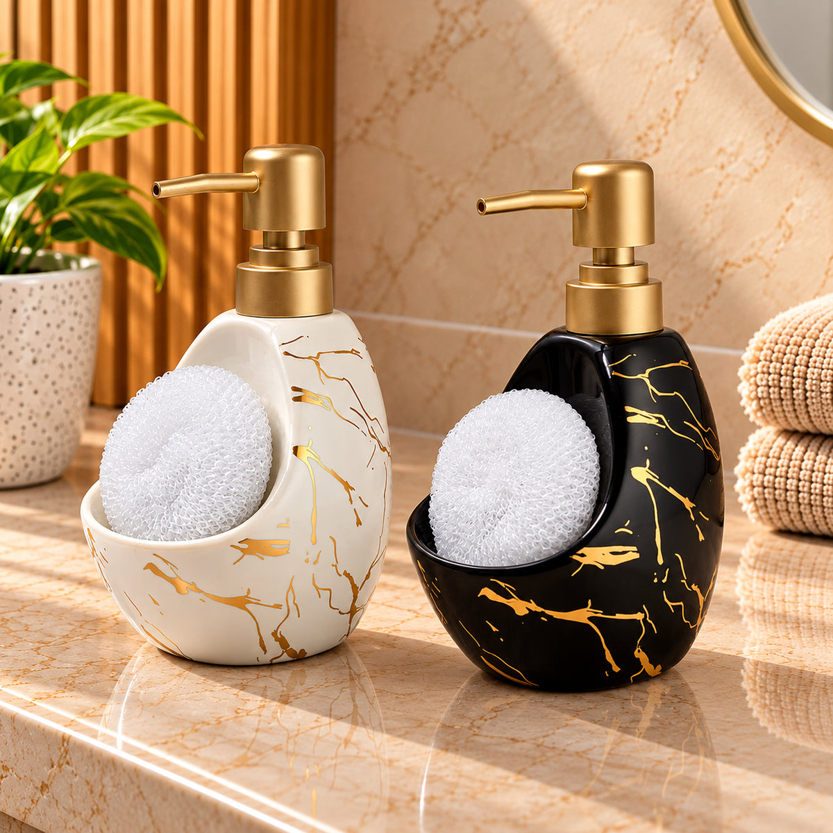 Ceramic Marble Soap Dispenser with Sponge Holder for Bathroom