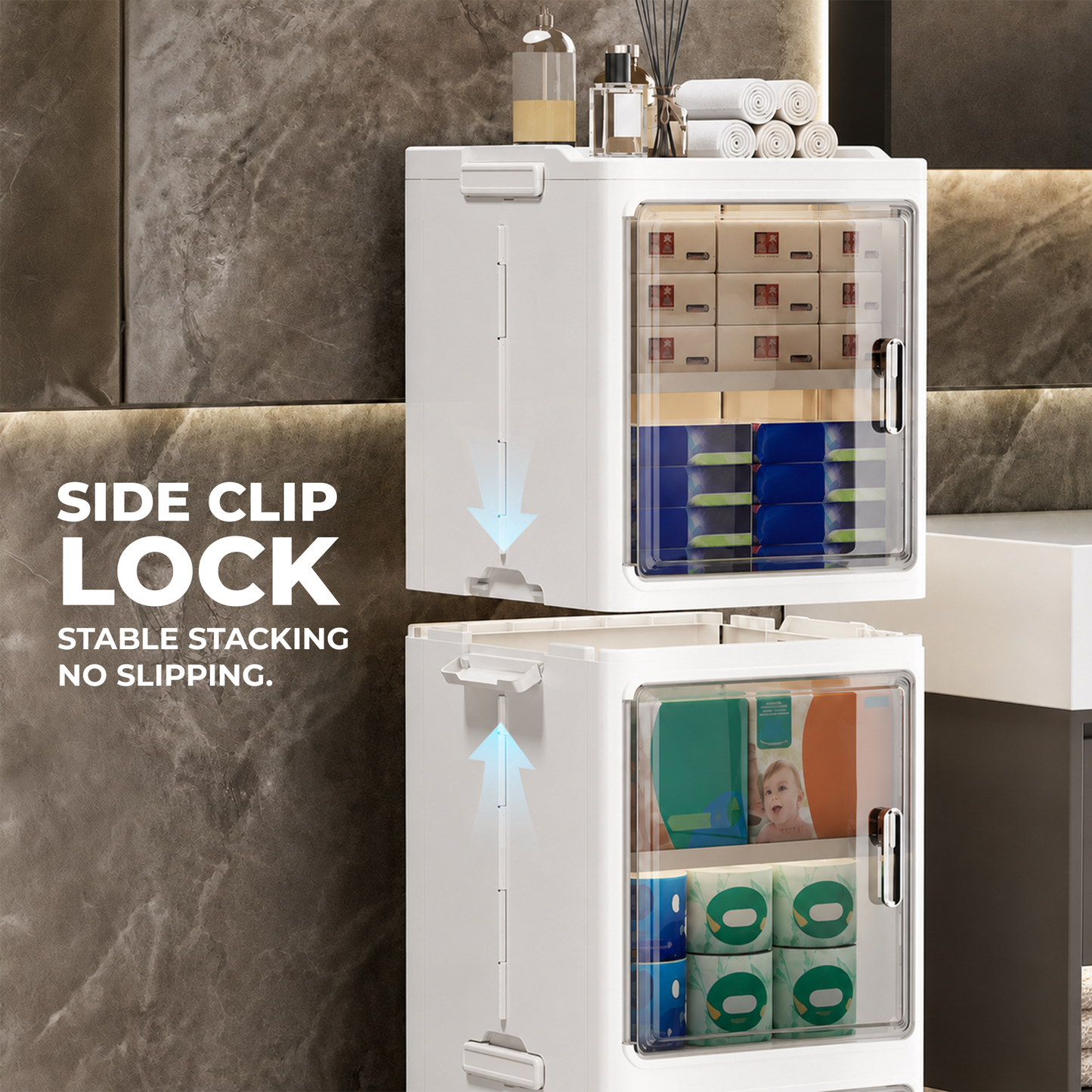 Slim 4-Tier Storage Cabinet with Transparent Doors & Rolling Wheels