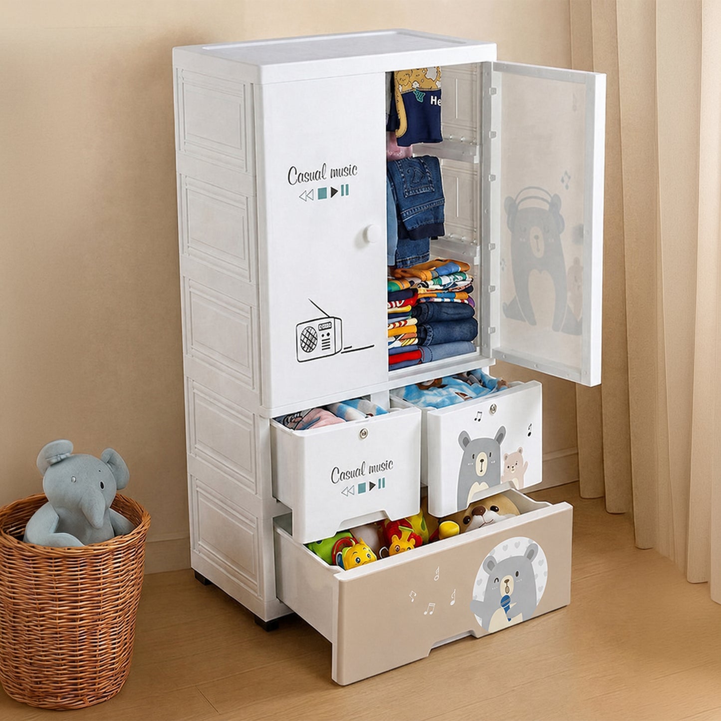 HOMX Kids Storage Cabinet with Drawers, Door & Smooth Rolling Wheels