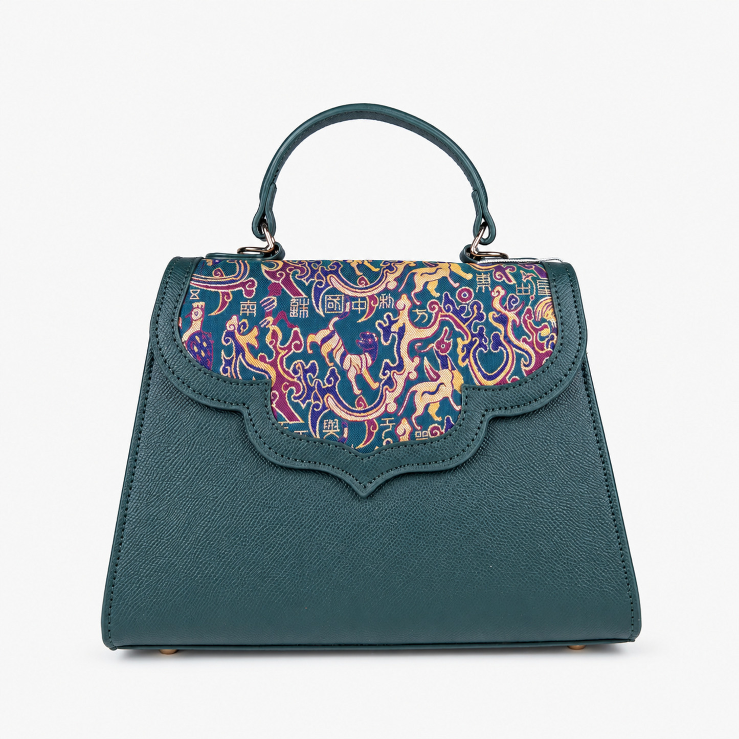 Emerald Silk Flap Leather Handbag with Top Handle & Sling