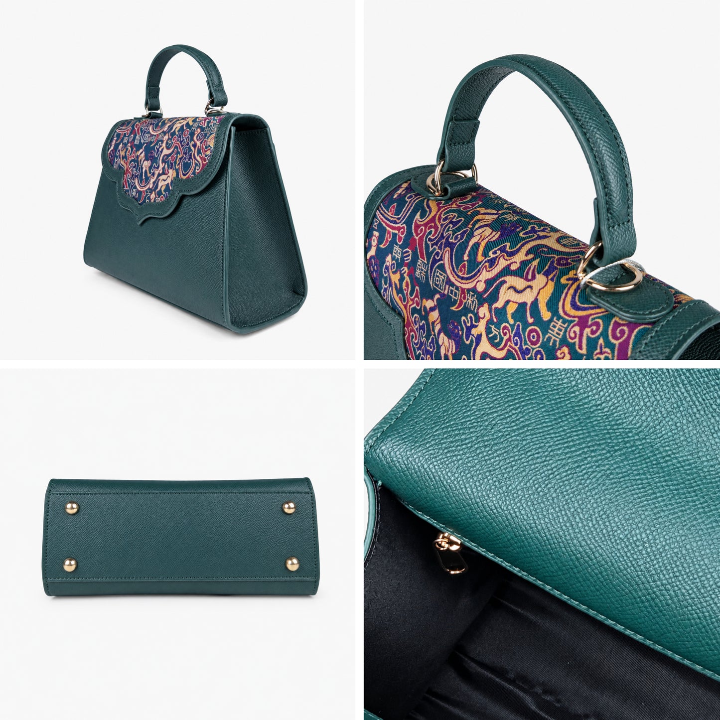 Emerald Silk Flap Leather Handbag with Top Handle & Sling