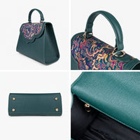 Emerald Silk Flap Leather Handbag with Top Handle & Sling