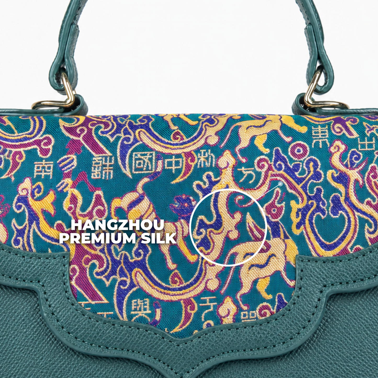 Emerald Silk Flap Leather Handbag with Top Handle & Sling