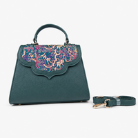 Emerald Silk Flap Leather Handbag with Top Handle & Sling