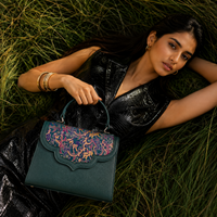 Emerald Silk Flap Leather Handbag with Top Handle & Sling