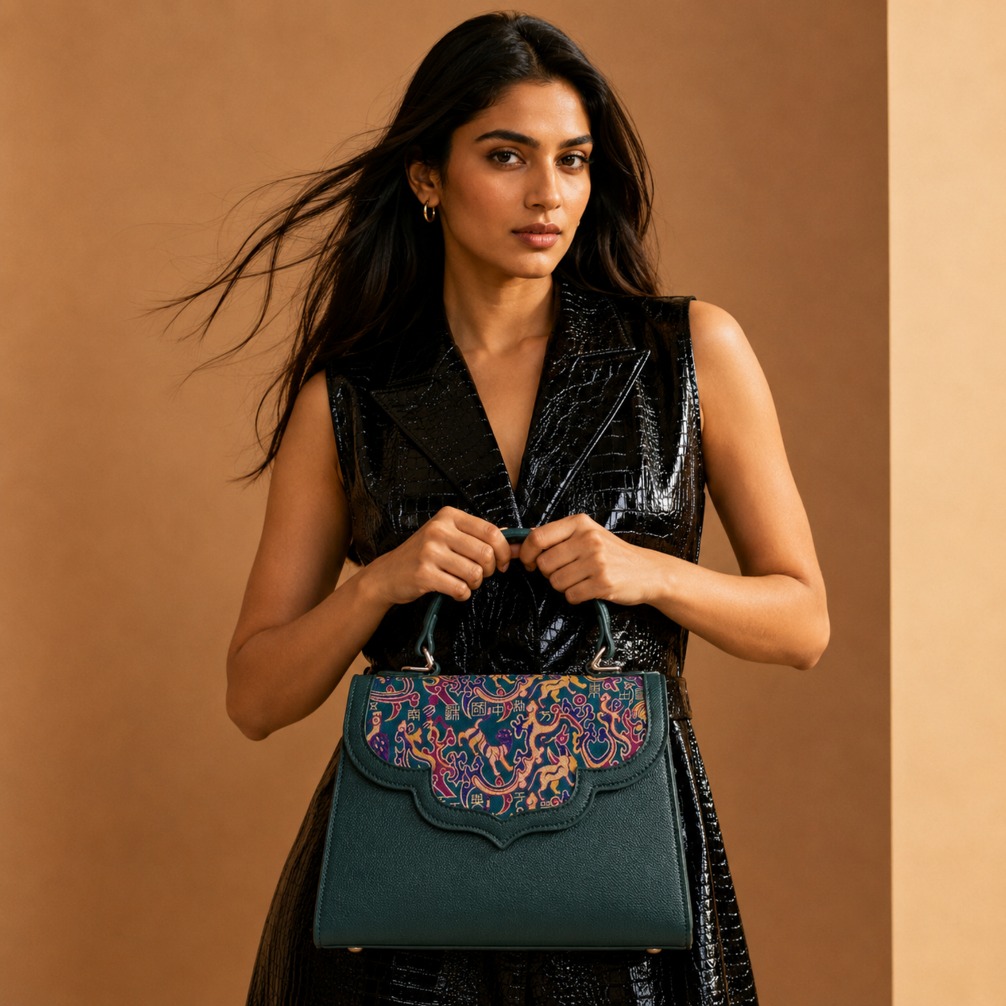 Emerald Silk Flap Leather Handbag with Top Handle & Sling