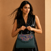 Emerald Silk Flap Leather Handbag with Top Handle & Sling