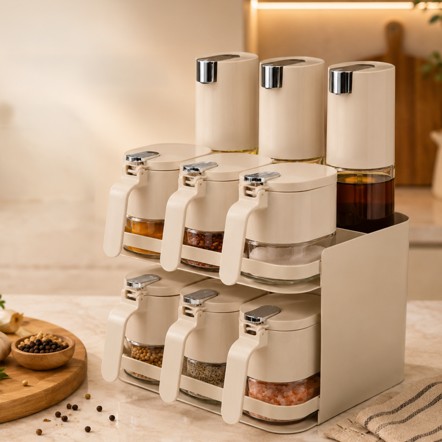 Premium 9-Piece Kitchen Spice Organiser | 6 Spice Jars & 3 Oil Bottles