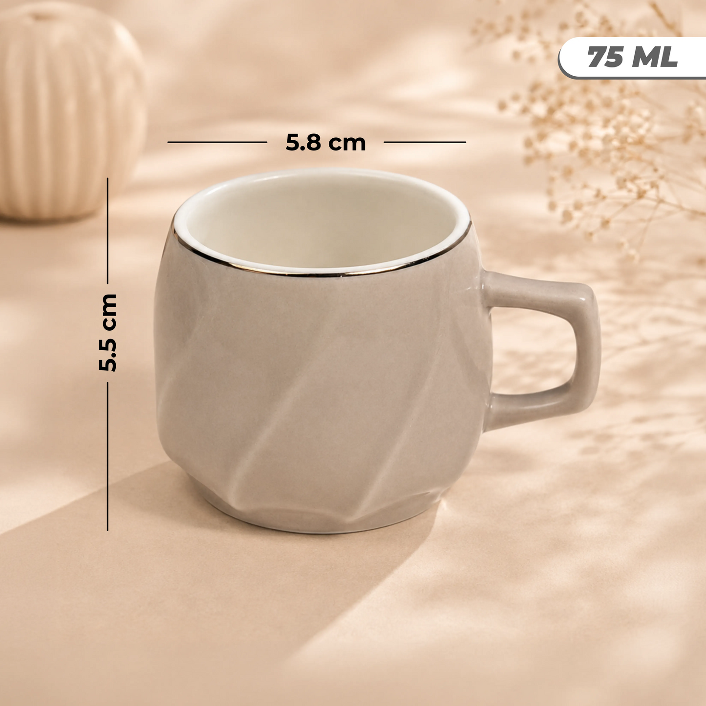Light Grey Premium Gold Rim Ceramic Mug & Saucer - Set of 6 (75ml each)