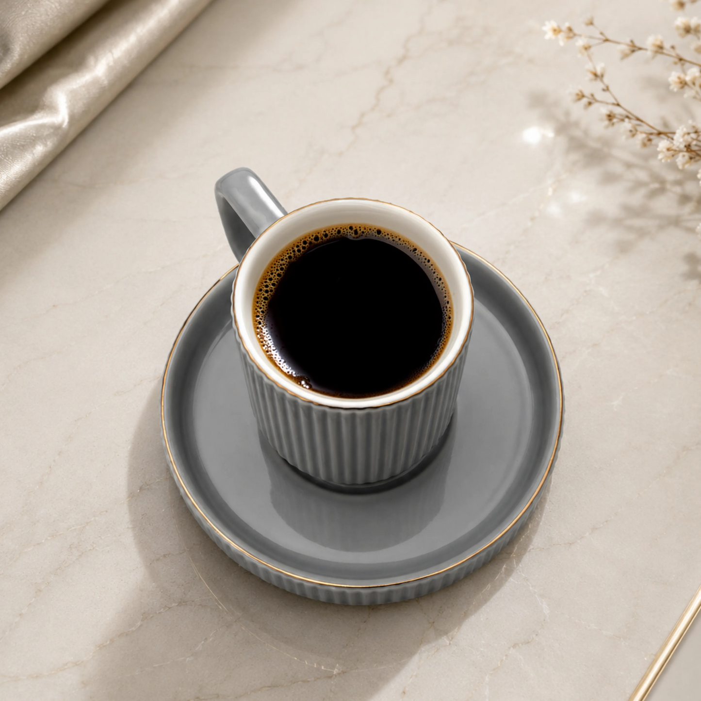 Premium Grey-Gold Rim Ribbed Ceramic Mug & Saucer - Set of 6 (100ml each)