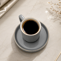 Premium Grey-Gold Rim Ribbed Ceramic Mug & Saucer - Set of 6 (100ml each)