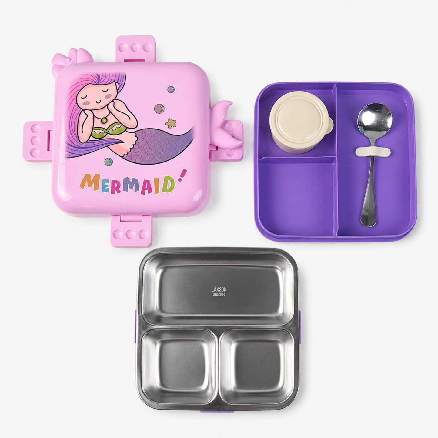 Mermaid Stainless Steel Bento Lunch Box for Kids with 3 compartments - 1190ml