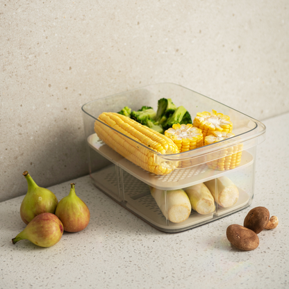7.5 Ltr Fridge Organizer Bin with Removable Dual-Layer Drain Tray | Airtight Lid