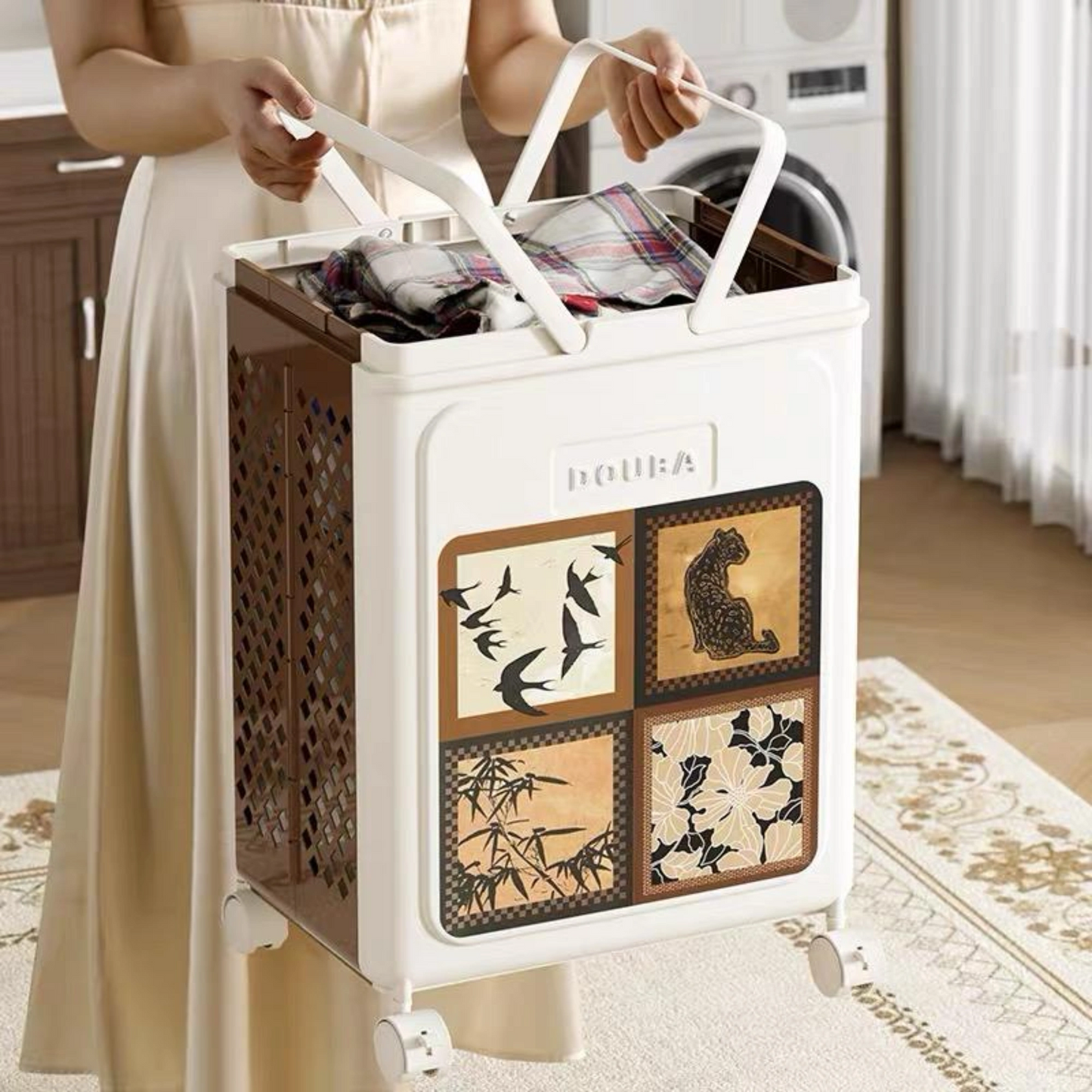 HOMX Foldable Laundry Basket, Vintage Design, Wheels with Brakes