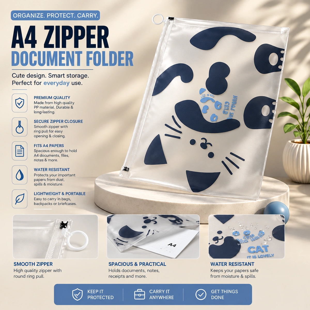 A4 Water Resistant Zipper Document Organizer Pouch