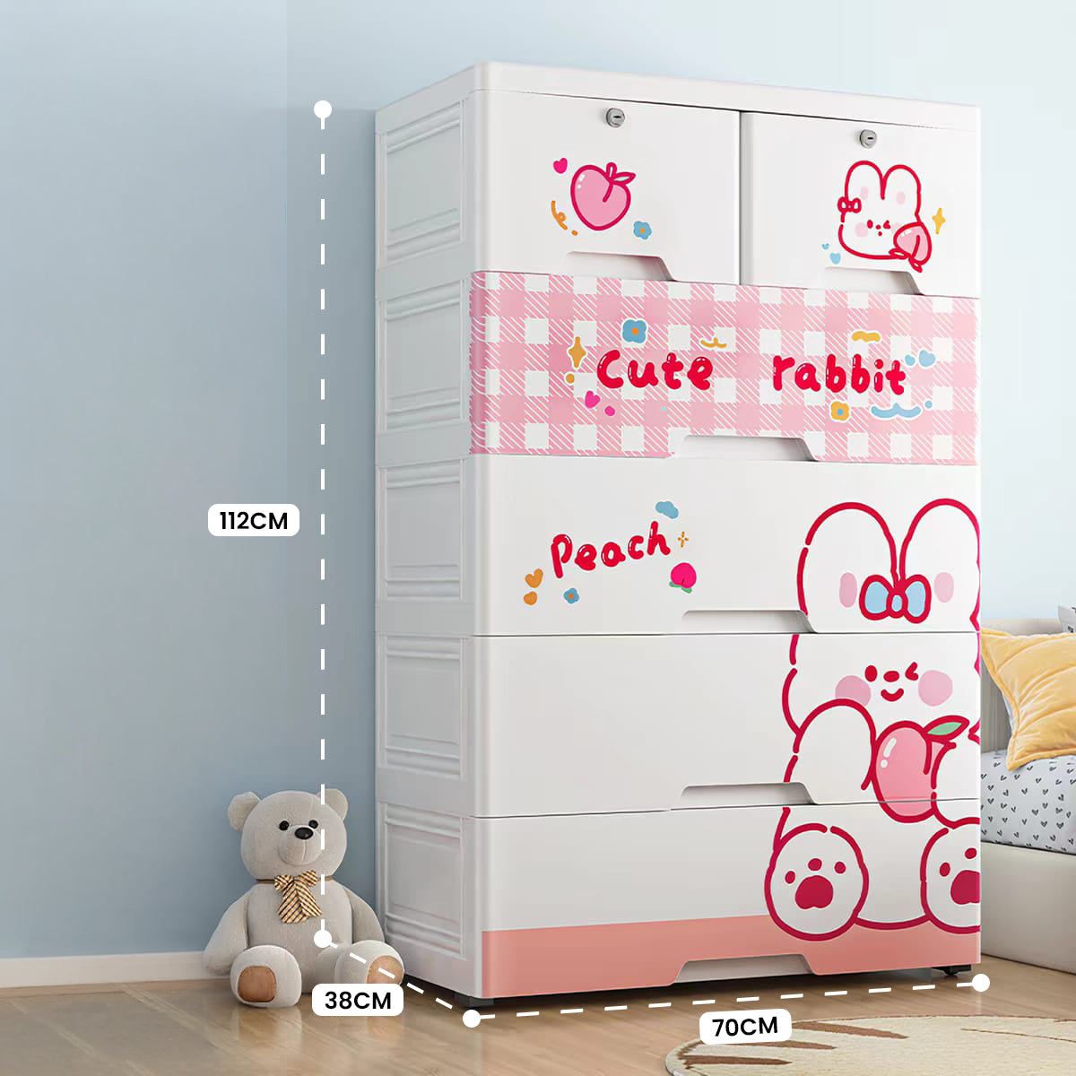 Cute Rabbit Kids PP Storage Cabinet with Lockable Drawers & Mobile Pulley