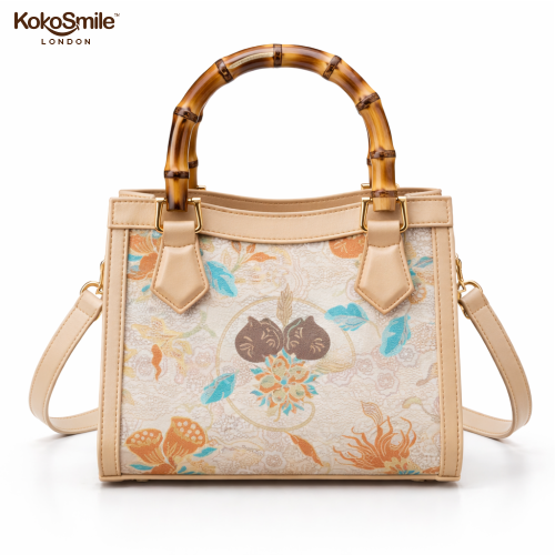 Elegant SilkCraft Leather Top Bamboo Handle Bag with Hangzhou Silk for Women