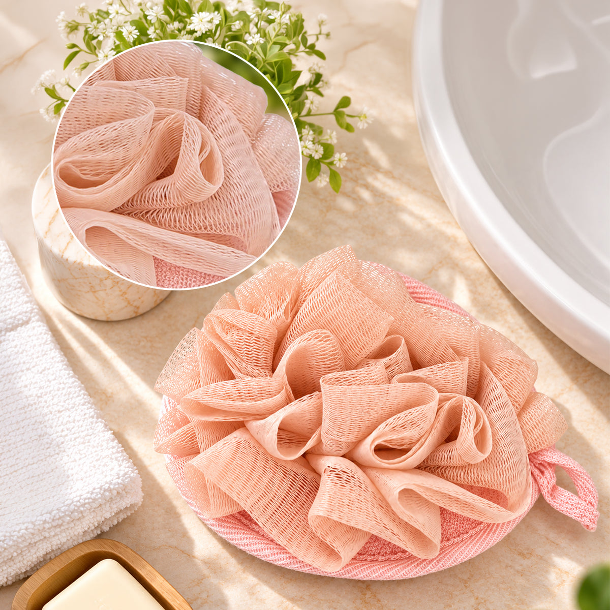 Peach Mesh Bath Loofah – Soft & Stylish Shower Pouf