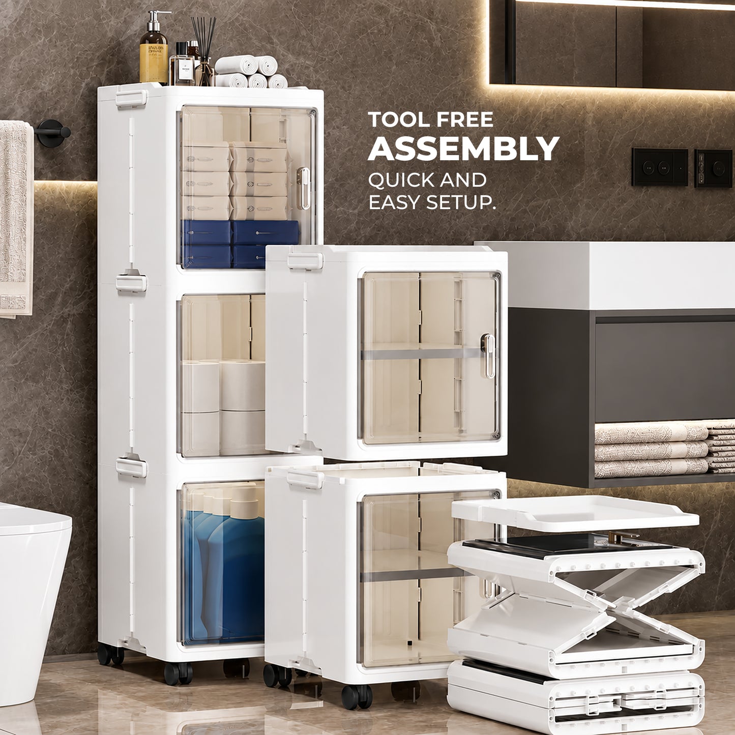 Slim 4-Tier Storage Cabinet with Transparent Doors & Rolling Wheels