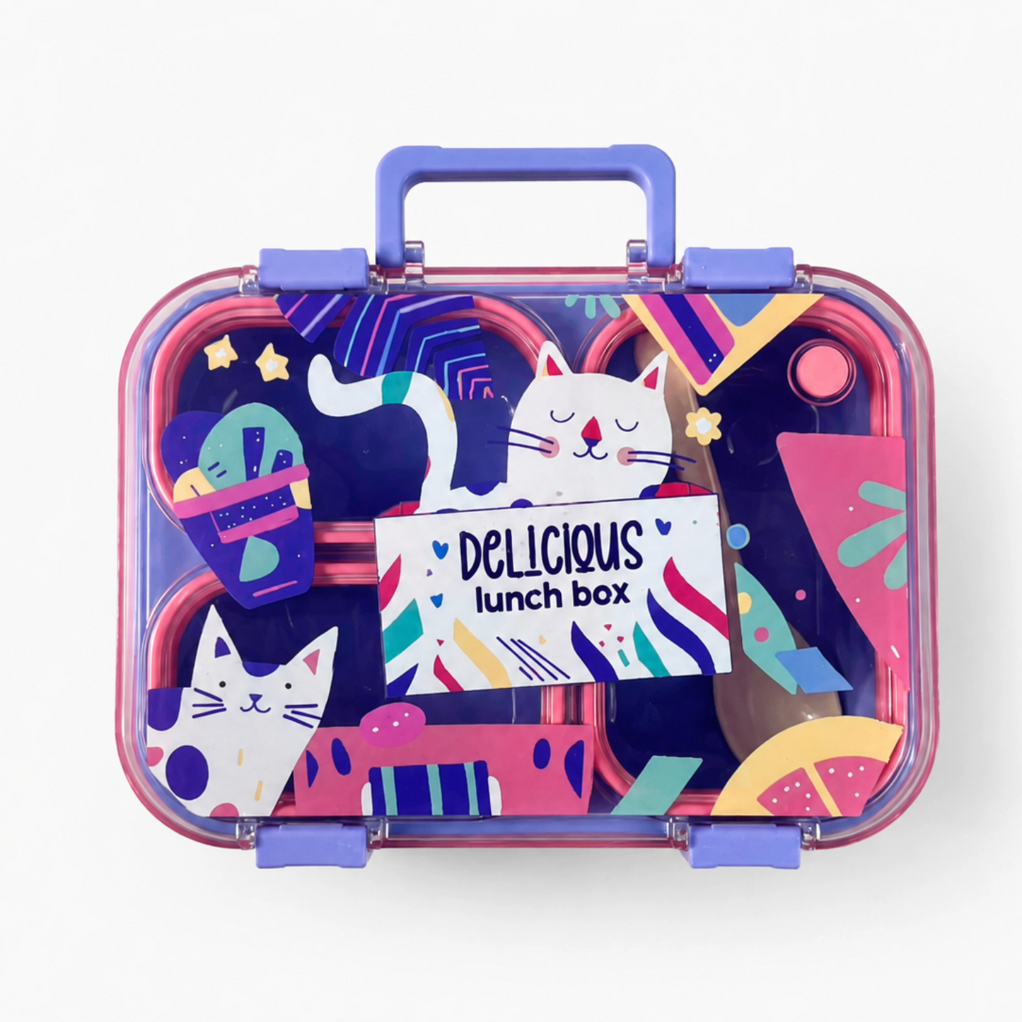 Cat Theme Plastic Bento Lunch Box with 3 compartments for Kids – 800ml