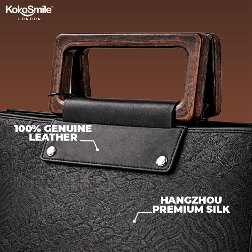 Classic Black Leather & Hangzhou silk Handbag with Wooden Handle
