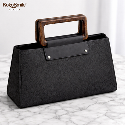 Classic Black Leather & Hangzhou silk Handbag with Wooden Handle