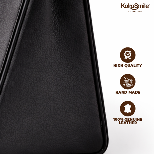 Classic Black Leather & Hangzhou silk Handbag with Wooden Handle