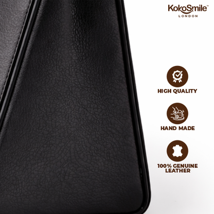 Classic Black Leather & Hangzhou silk Handbag with Wooden Handle