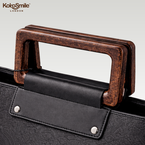 Classic Black Leather & Hangzhou silk Handbag with Wooden Handle