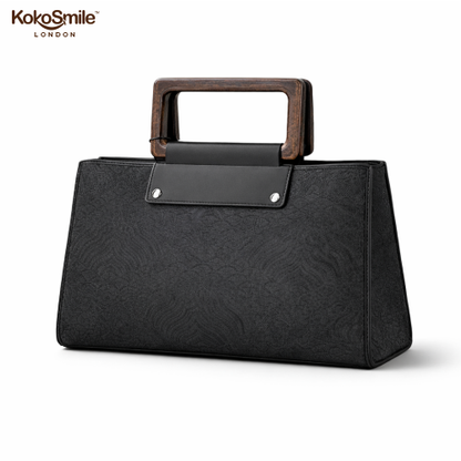 Classic Black Leather & Hangzhou silk Handbag with Wooden Handle
