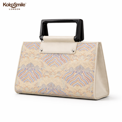 Luxe Hangzhou Silk Panel Leather Handbag with Top Handle