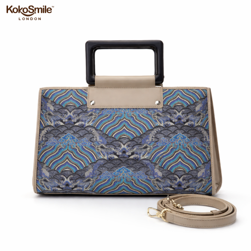 Famous Hangzhou Silk Panel Leather Top Handle Bag with Detachable Strap