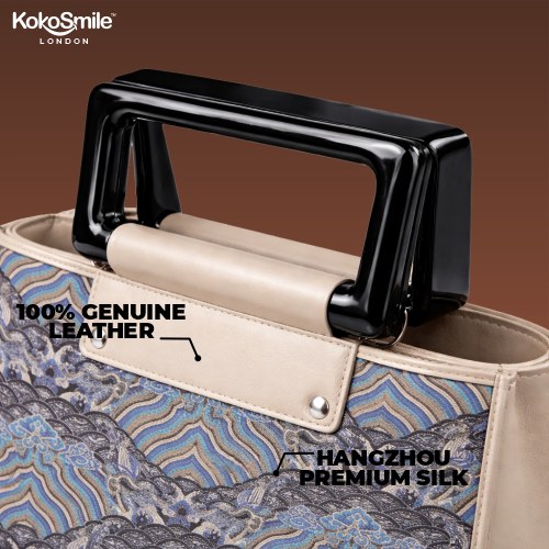Famous Hangzhou Silk Panel Leather Top Handle Bag with Detachable Strap