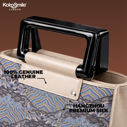 Famous Hangzhou Silk Panel Leather Top Handle Bag with Detachable Strap