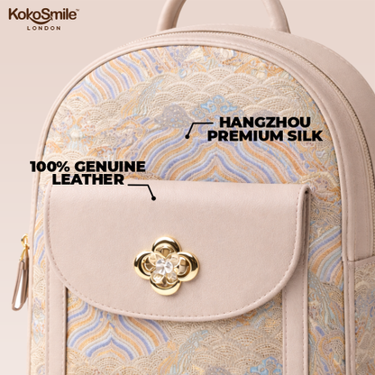 Premium Hangzhou Silk Leather Backpack with Top Handle & Sling