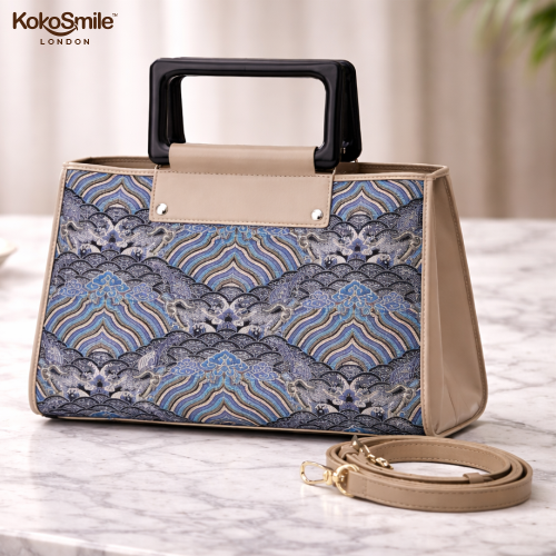 Famous Hangzhou Silk Panel Leather Top Handle Bag with Detachable Strap