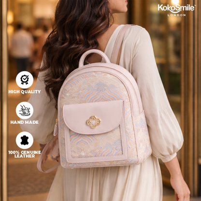 Premium Hangzhou Silk Leather Backpack with Top Handle & Sling