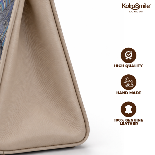 Famous Hangzhou Silk Panel Leather Top Handle Bag with Detachable Strap